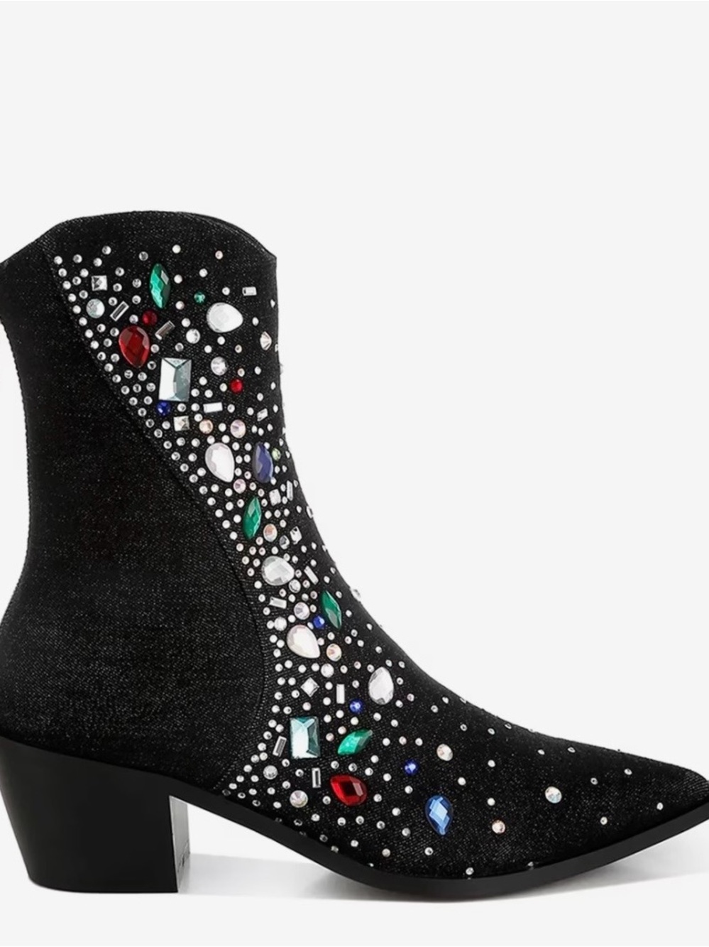 London Rag Starlit Black Denim Jewel-Studded Western Bootie - Picture 3 of 8